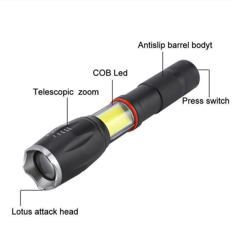 Hot Sale 3A Battery COB LED Aluminum Zoomable Flashlight for Working Hiking Hunting Camping