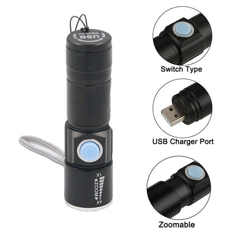 Tactical USB Rechargeable Hand Torch Lamp Light Zoomable Lightweight Mini LED Flashlight