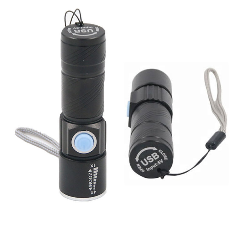 Tactical USB Rechargeable Hand Torch Lamp Light Zoomable Lightweight Mini LED Flashlight