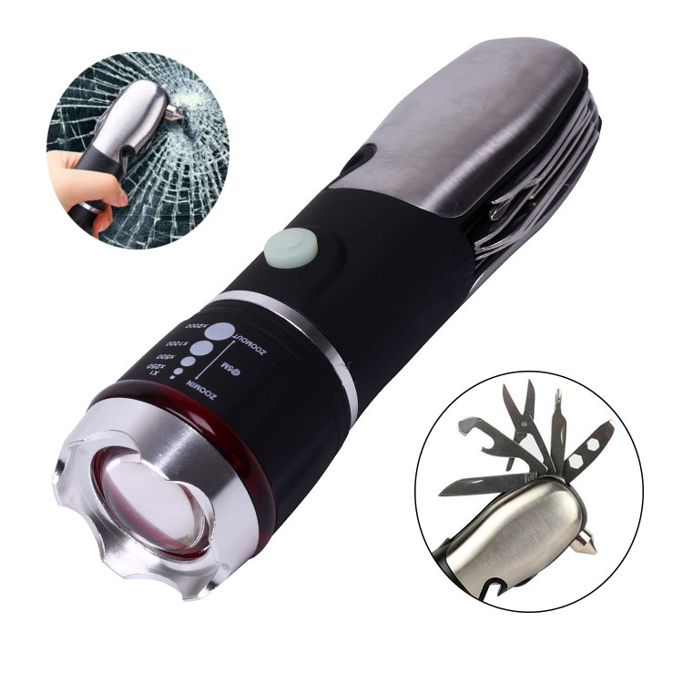 Multifunctional  Car Safety Hammer 5 different tools zoomable flashlight battery powered Emergency camping  flashlight torch