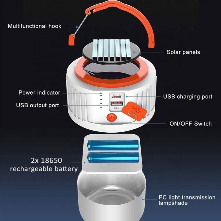 Waterproof Ultra bright selling solar usb rechargeable emergency abs camping light bulb small outdoor lantern lamp hiking