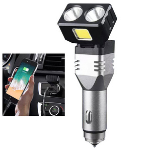 New 2022 wholesale price led torch light portable security hammer cob car charger rechargeable flashlight with power bank