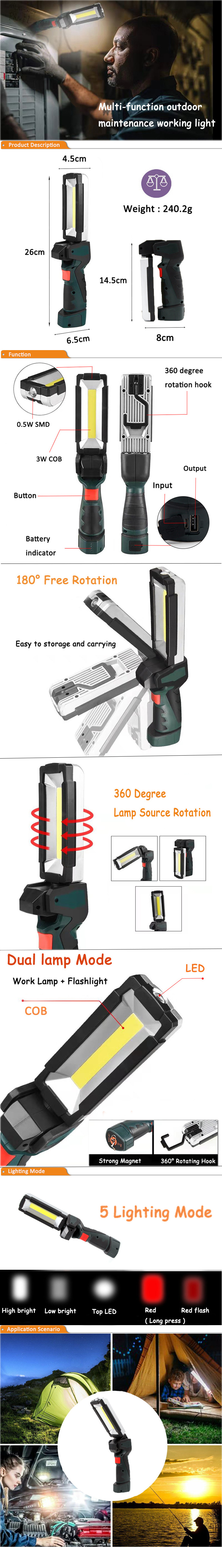 3W COB LED Inspection Work Light Portable USB Rechargeable Torch for Repairing