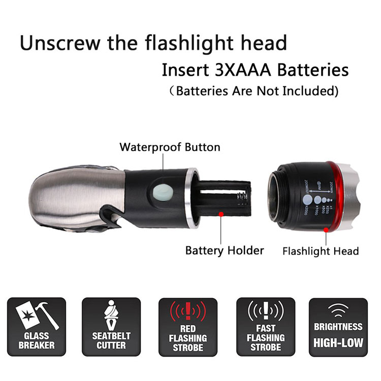 Multifunctional  Car Safety Hammer 5 different tools zoomable flashlight battery powered Emergency camping  flashlight torch