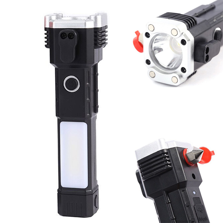 Multi-functional USB Charging 3W LED COB ABS Flashlight with Strong Magnet Emergency Hammer Rope Cutter