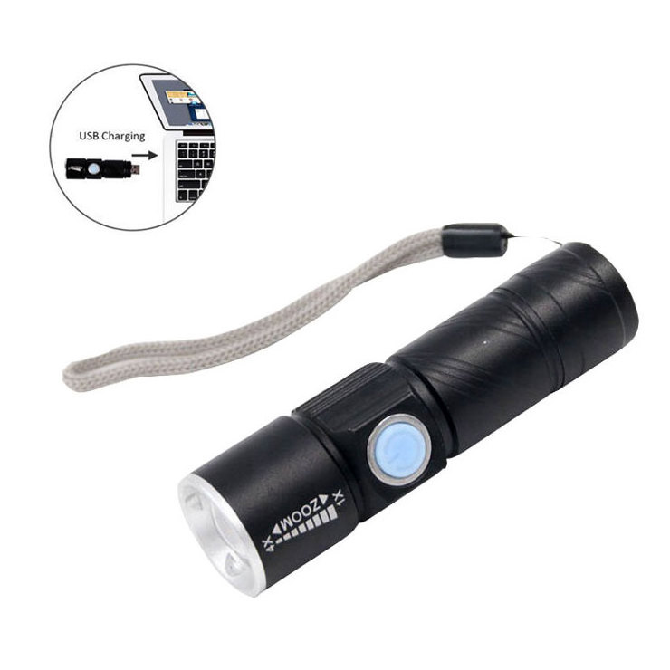 Tactical USB Rechargeable Hand Torch Lamp Light Zoomable Lightweight Mini LED Flashlight