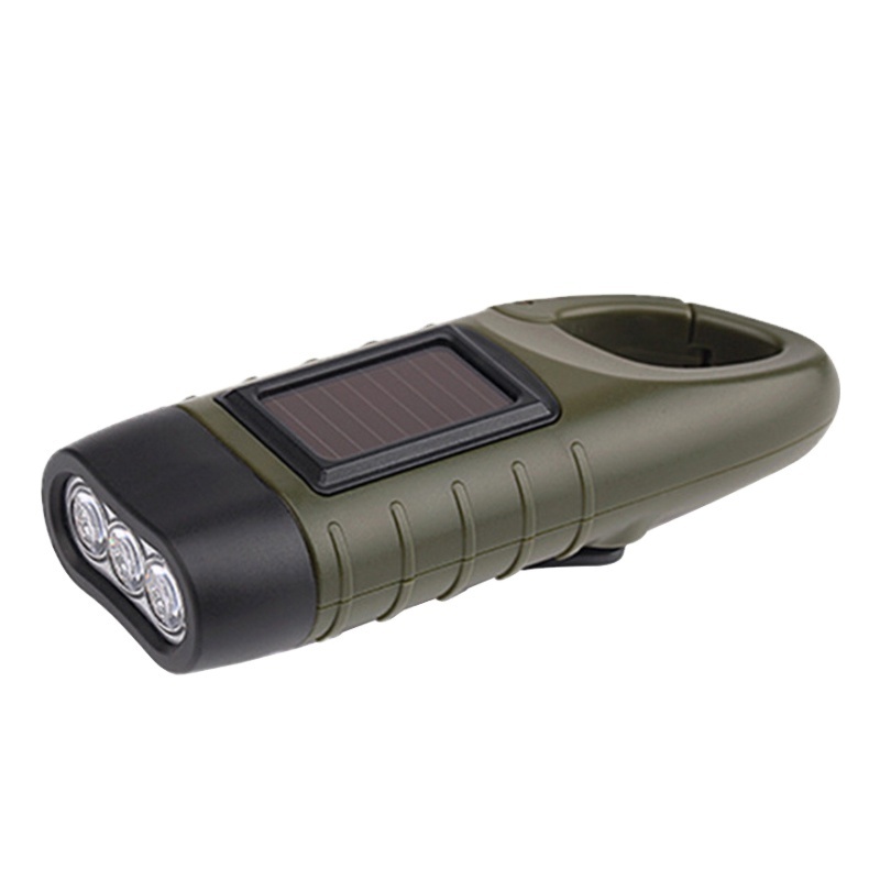 Portable Outdoor solar powered flashlight hand dynamo charge torch light with carabiner