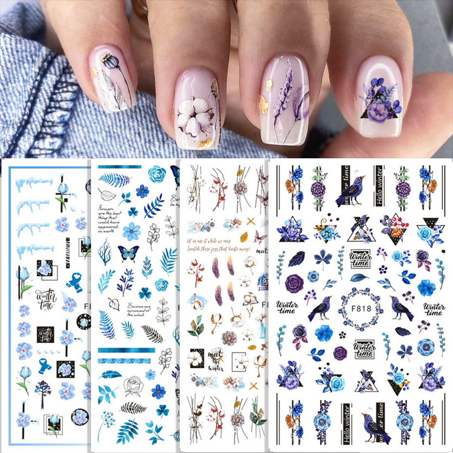 3D Self-Adhesive Colorful Butterfly Nail Art Stickers Blue Purple Color Flower Leaves Decals for Women Decorations