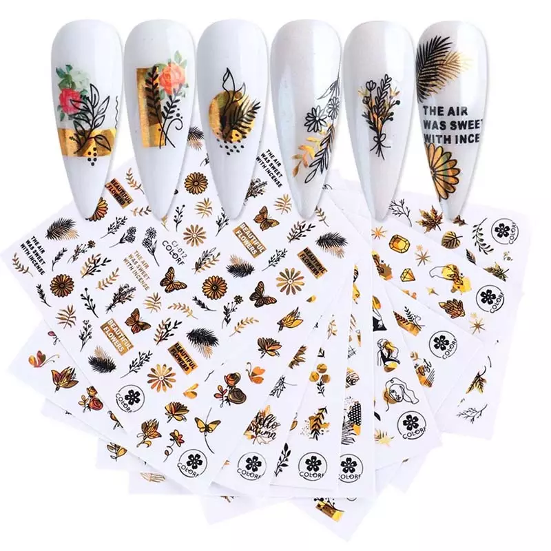 NEW Bronzing Laser Gold Maple Leaf Nail Art Stickers Autumn Decorations Butterfly Abstract Face Flowers Nail Decals