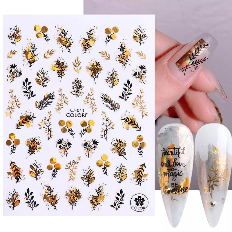 NEW Bronzing Laser Gold Maple Leaf Nail Art Stickers Autumn Decorations Butterfly Abstract Face Flowers Nail Decals