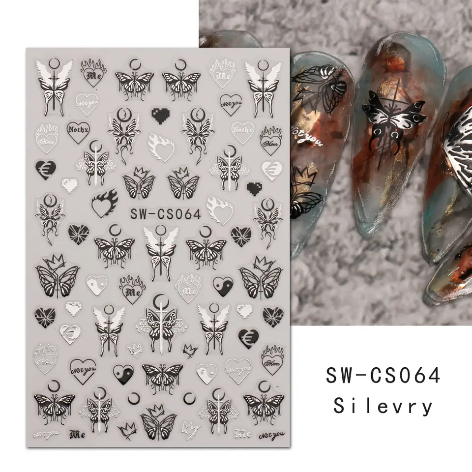 INS Bronzing Color Butterfly Nail Decals Two-color Gold Silver Love Large Floating Butterfly Art Stickers For Fairy Nails