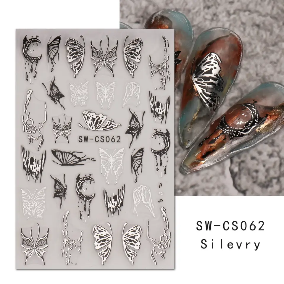 INS Bronzing Color Butterfly Nail Decals Two-color Gold Silver Love Large Floating Butterfly Art Stickers For Fairy Nails