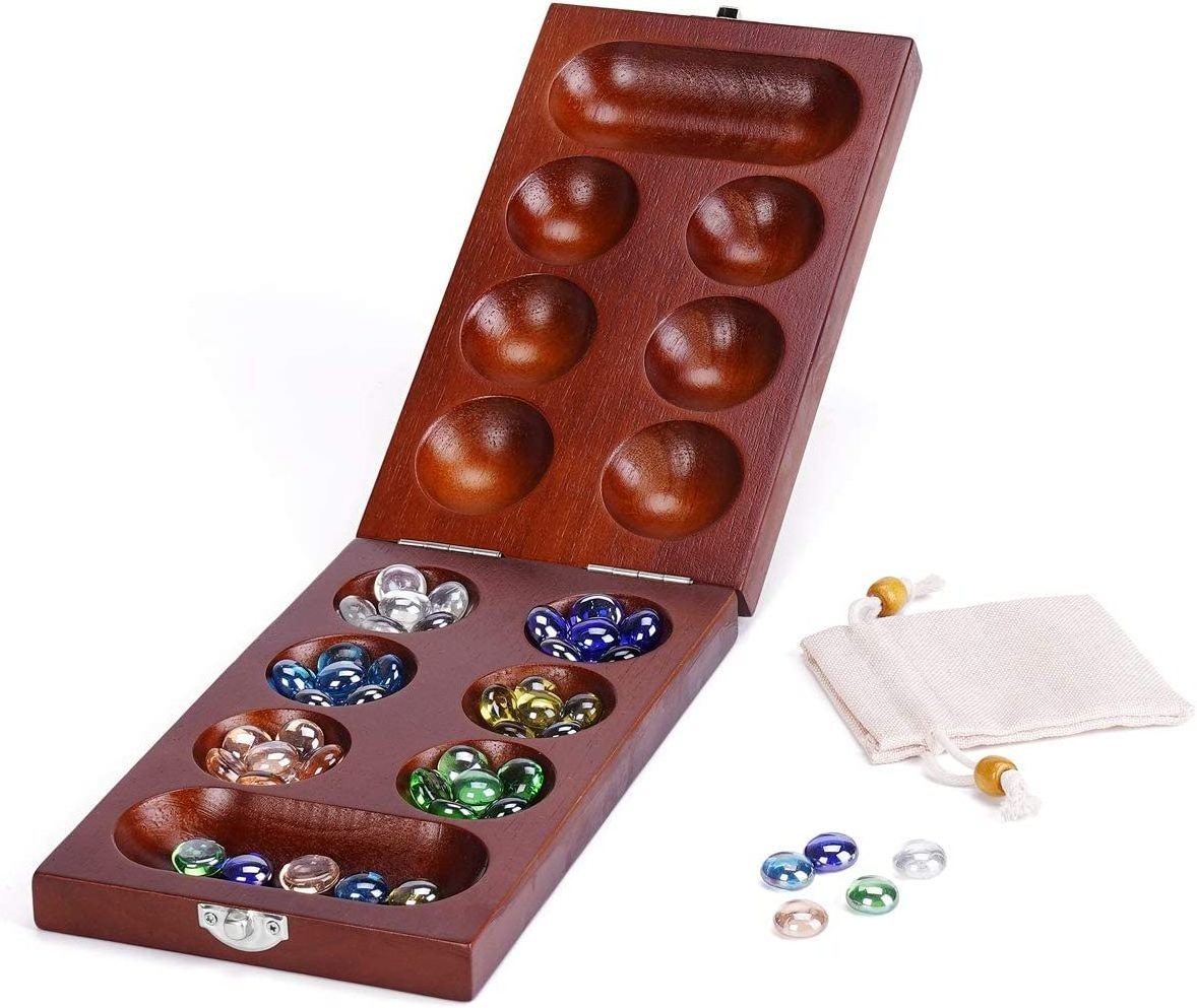 Mancala Board Game Set with Folding Rubber Wood Board  for Kids and Adults