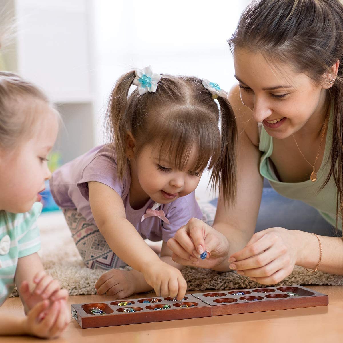 Mancala Board Game Set with Folding Rubber Wood Board  for Kids and Adults