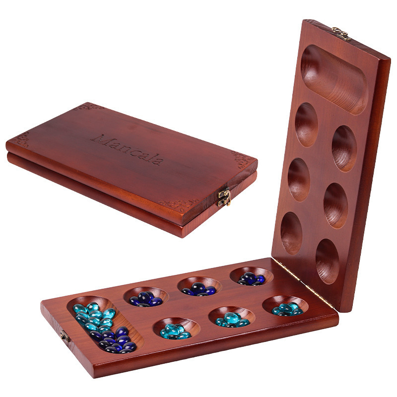 Mancala Board Game Set with Folding Rubber Wood Board  for Kids and Adults