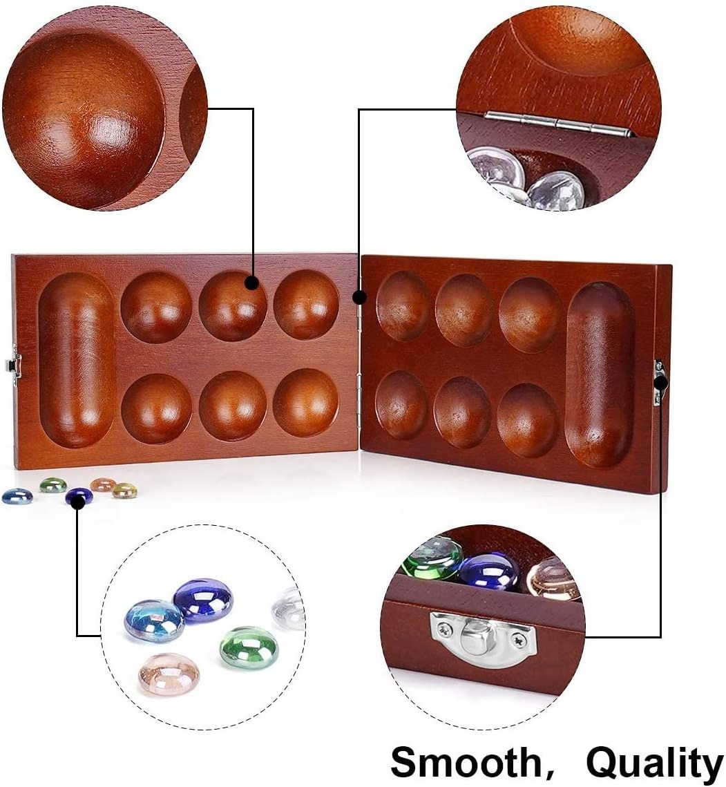 Mancala Board Game Set with Folding Rubber Wood Board  for Kids and Adults