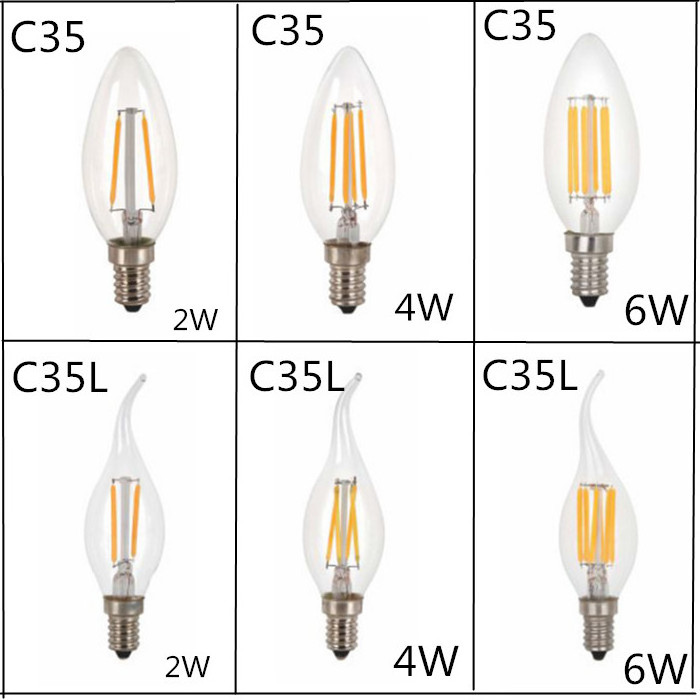 LED Vintage Edison Bulb Candelabra C35/C35L-6W LED Filament Candle Bulb, Replace 60W, E14 Base, Clear Warm White 2700K, 120V AC