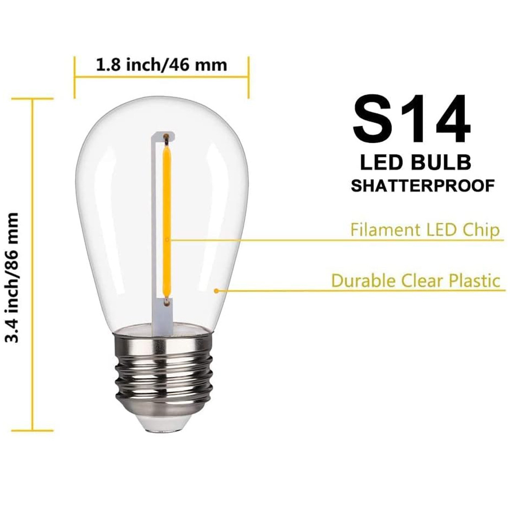 New design shatterproof 1W S14 Plastic Led filament bulb 12V 24V 120V 220V Outdoor String Light Replacement Led Lamp