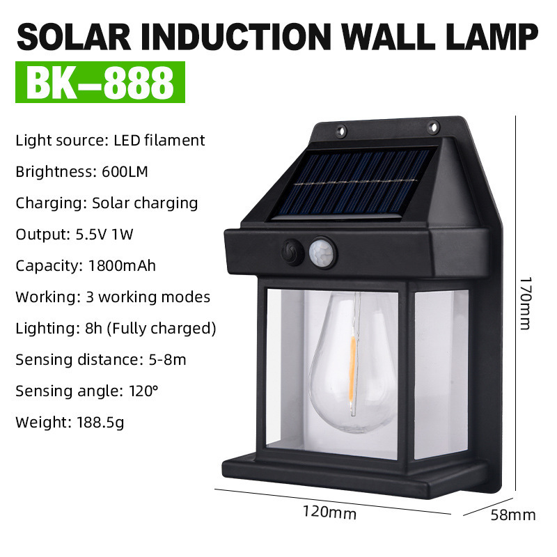 Hot Sale Solar Power Wall Light Human Sensor Retro  LED Filament Bulb For Garden Lighting