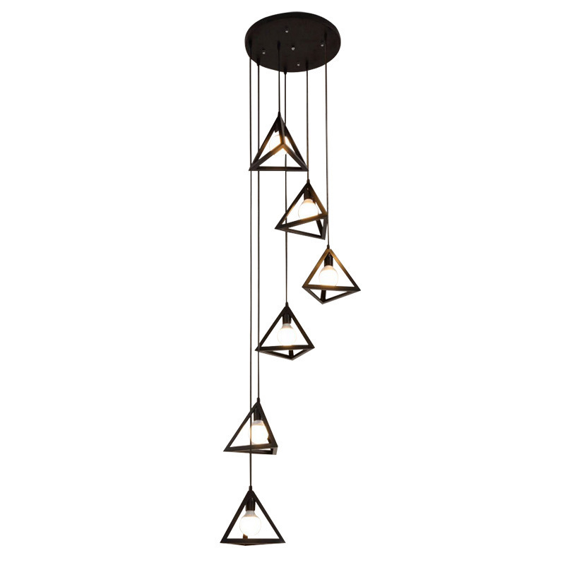 Nordic industrial retro style multi heads pendant lamp corner stair chandelier loft triangular iron hanging light