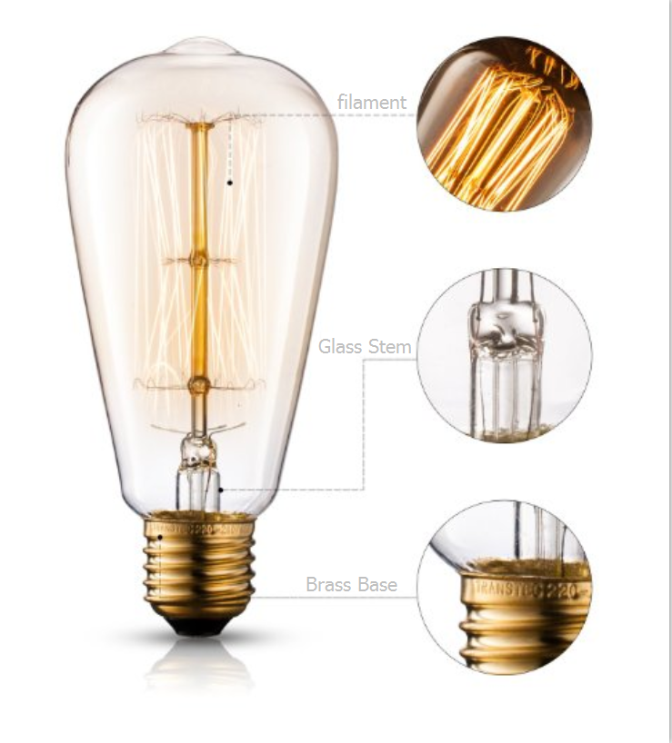 Vintage edison light bulb ST64 ST58 Dimmable 40w 60w warm light squirrel cage clear glass E26 E27 Base 220V 110V