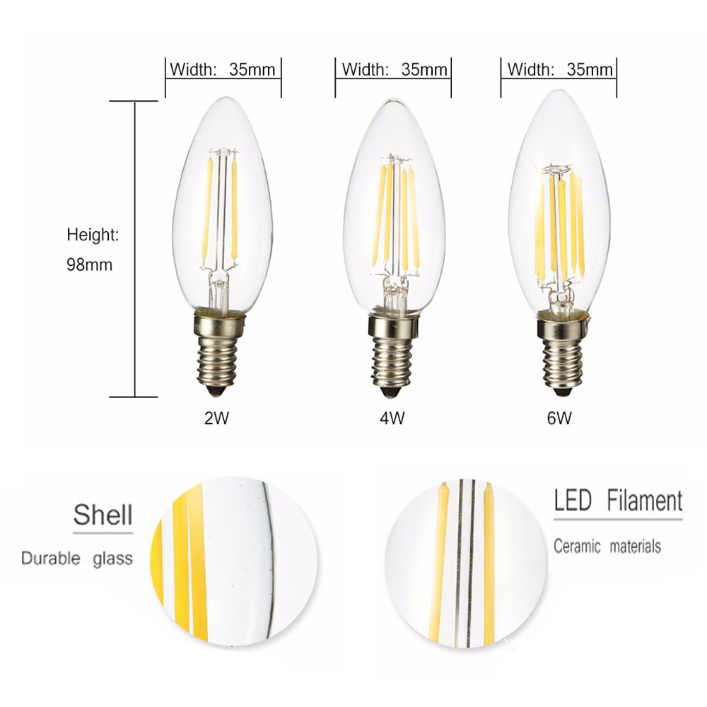 2W 4W 6W Dimmable 360 degree led filament candle bulb C35 C35L  E10 E11 E12 E14 E17 B15