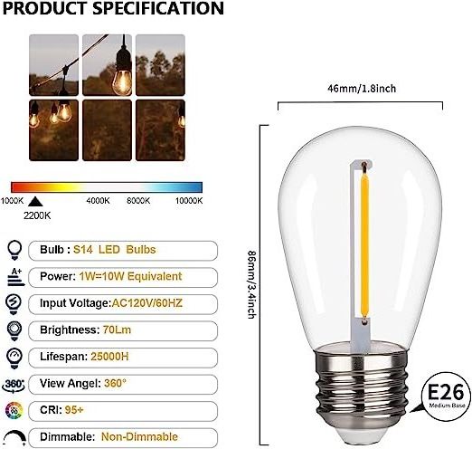 Best seller warm white plastic edison bulb, OEM waterproof patio solar outdoor led string lights S14 1W E26 E27