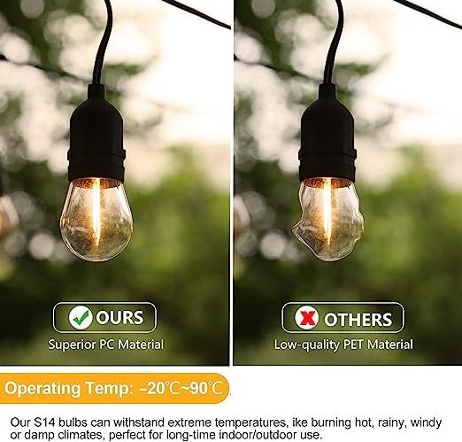 Best seller warm white plastic edison bulb, OEM waterproof patio solar outdoor led string lights S14 1W E26 E27