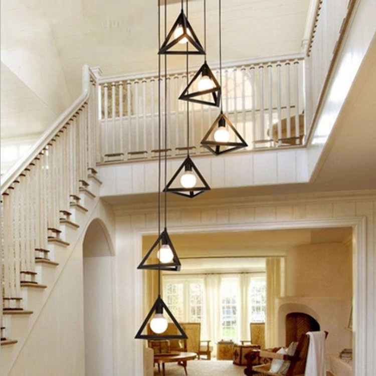 Nordic industrial retro style multi heads pendant lamp corner stair chandelier loft triangular iron hanging light