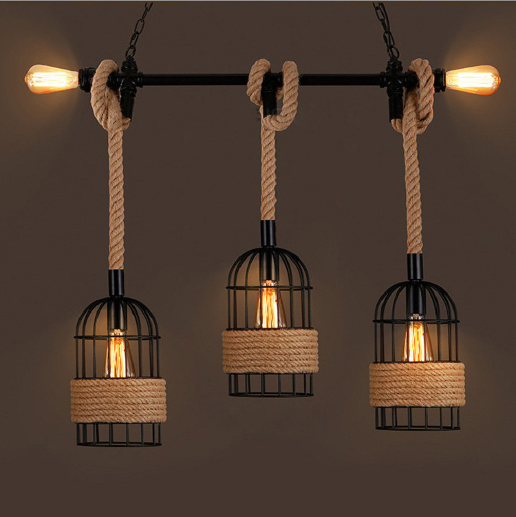 Retro restaurant bar birdcage industrial chandelier E27 decorative rustic style hemp rope lamp