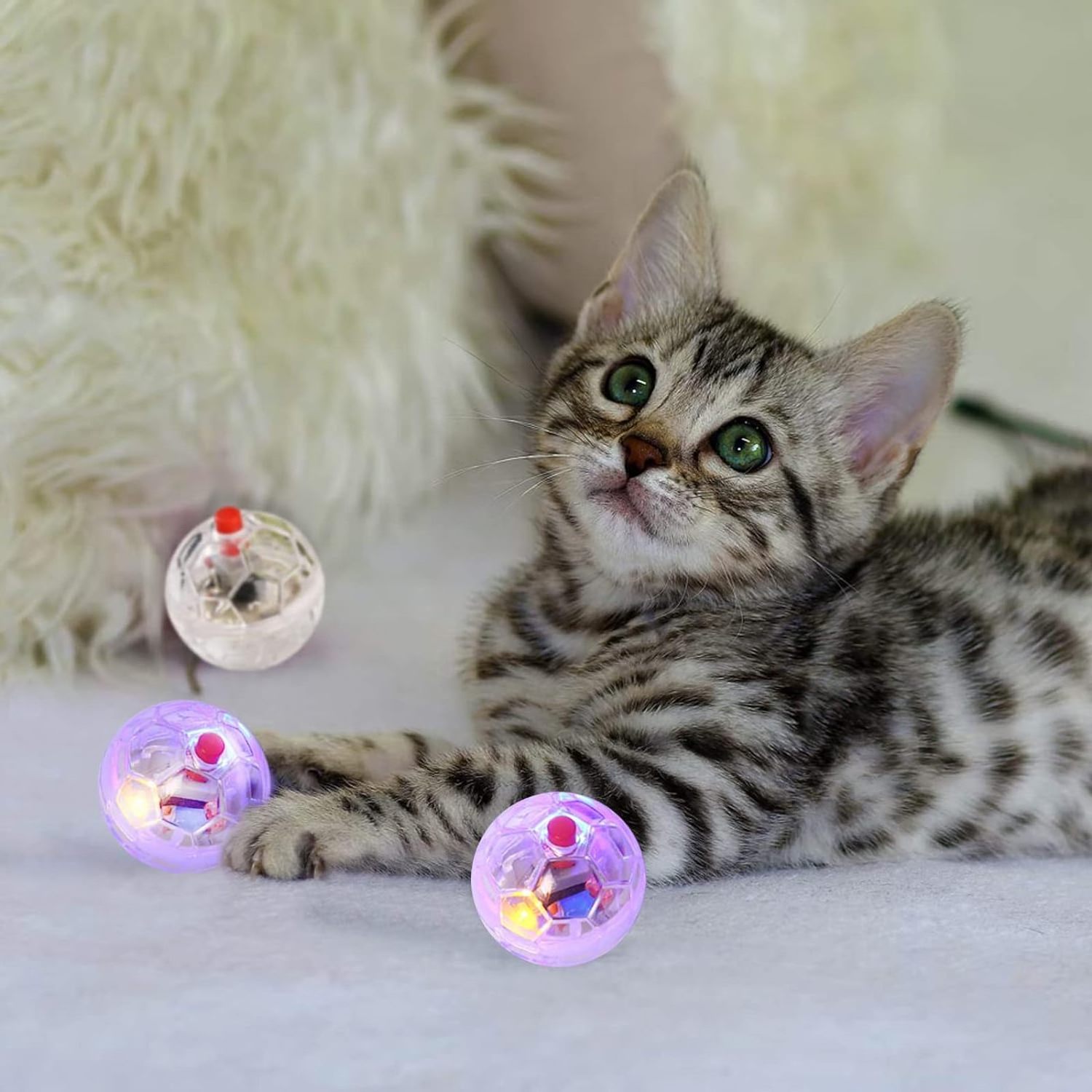 Small Lighted Up LED Rotating Rolling Teasing Cat Interactive Ball Toy With Button