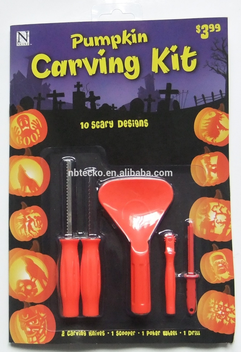 Halloween Pumpkin Plastic Carving Tools Kits With Led Light And Blister Package