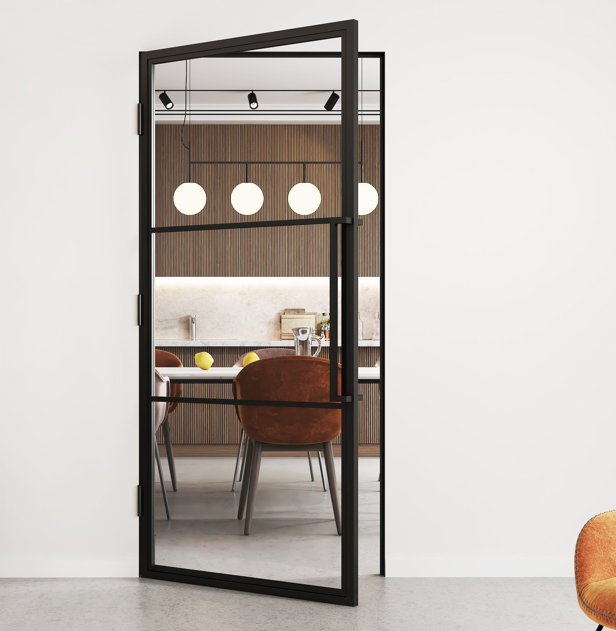 TKM-YY03 modern 3 Lites Swing Black Steel Frame Glass Barn Door