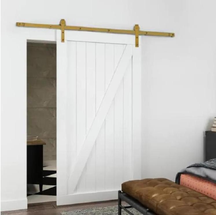 72 in. Classic Gold Bent Strap Barn Sliding Door Track and Hardware Set satin brass finish