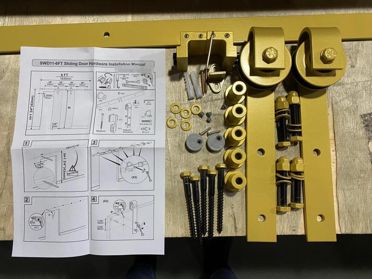 72 in. Classic Gold Bent Strap Barn Sliding Door Track and Hardware Set satin brass finish