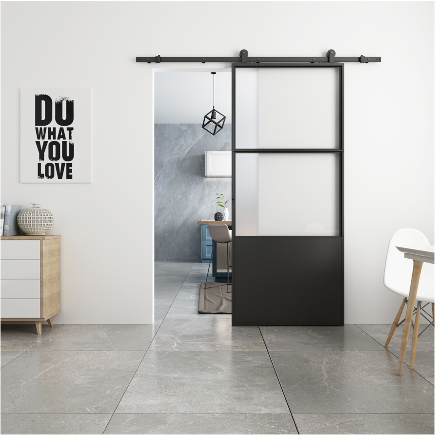 2/3 Lites Clear Glass Black Steel Frame Interior Barn Door with Sliding Hardware Kit