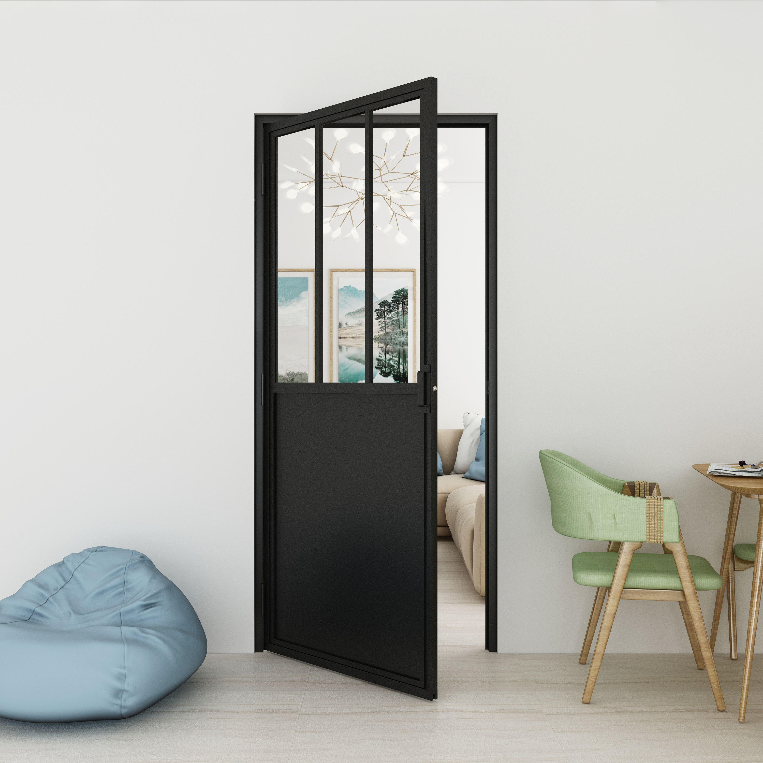 French Style Interior Steel Framed Tempered Clear Glass Swing Door With Handle or Lock For Apartment