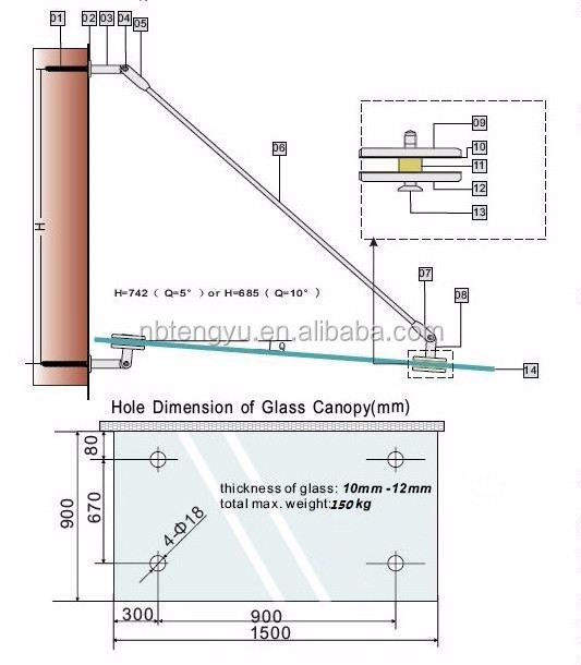 stainless steel bracket glass rain canopy/glass awnings canopies