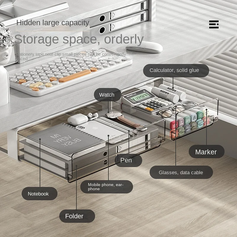 Transparent PET Storage Box Hidden Under Desk Easy Installation Multifunction Storage Drawer