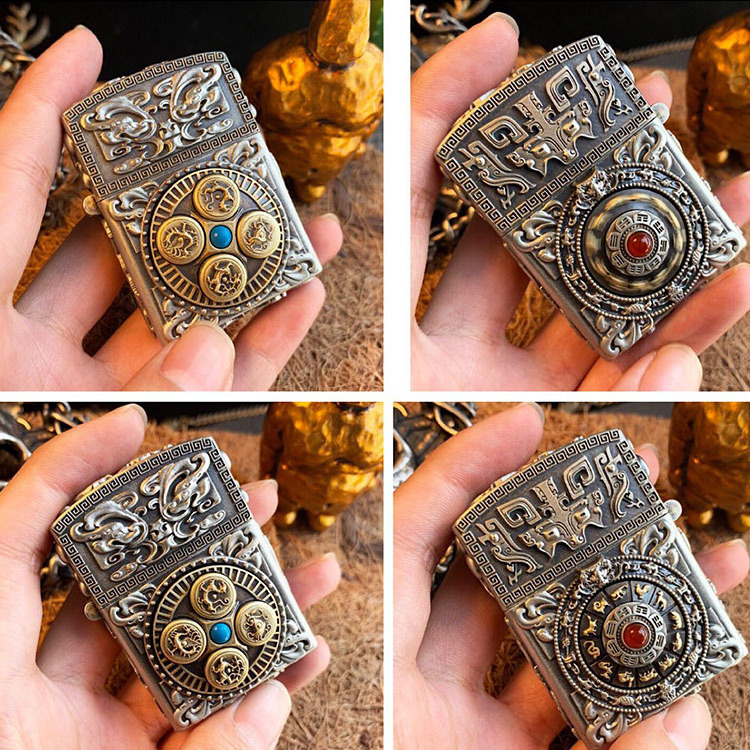 Man Male Holiday gifts Arts and Crafts Hand carving rotate copper Tibetan Silver Oil Kerosene lighter