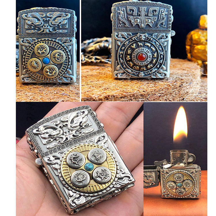 Man Male Holiday gifts Arts and Crafts Hand carving rotate copper Tibetan Silver Oil Kerosene lighter