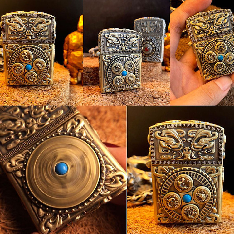 Man Male Holiday gifts Arts and Crafts Hand carving rotate copper Tibetan Silver Oil Kerosene lighter