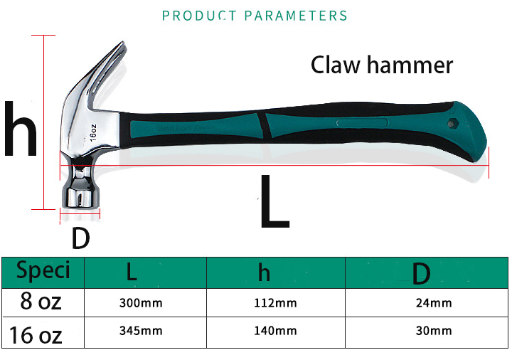 Professional tpr fibreglass  sizes handle Carbon stubby 8 16oz hammer rubber the steel chipping claw hammer