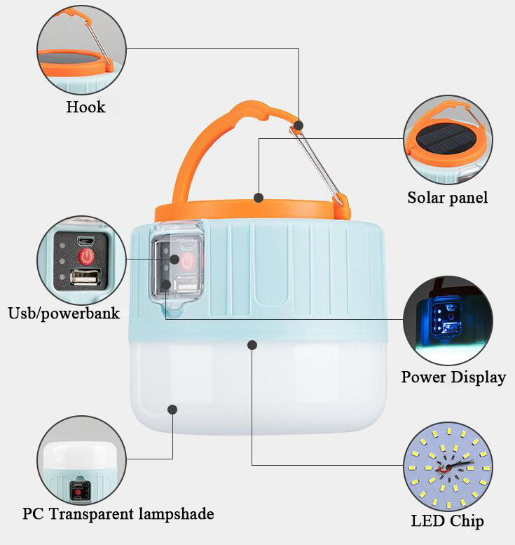 Solar USB Rechargeable Multi Functional Outdoor Garden Camping Tent Lamp Power Bank Solar Camping Emergency Lantern Bulb Light