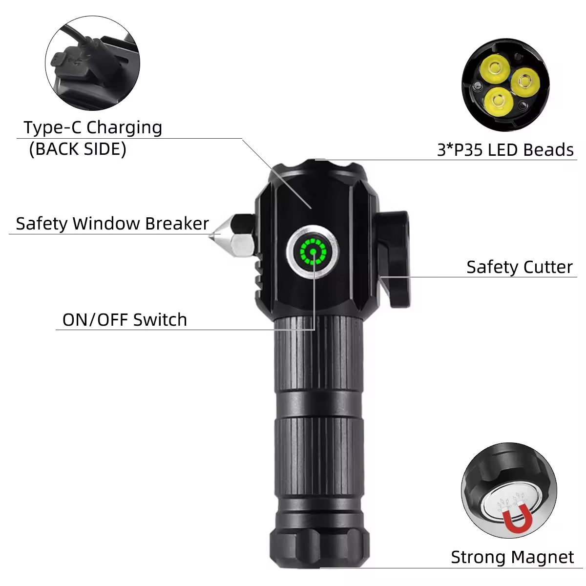 Multi-functional Car Hammer Torch Emergency Escape Tool Window Breaker Cutter USB C Rechargeable Mini Magnetic Flashlight