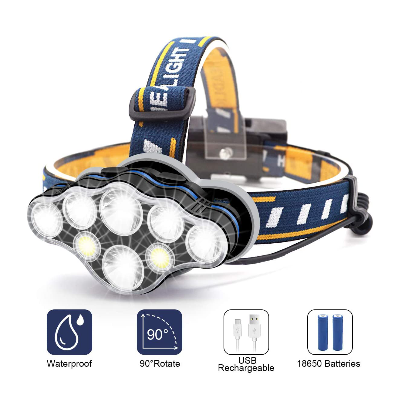 Waterproof USB Rechargeable Most Powerful 8 led Headlamp Flashlight 13000 Lumen USB Rechargeable Headlamp