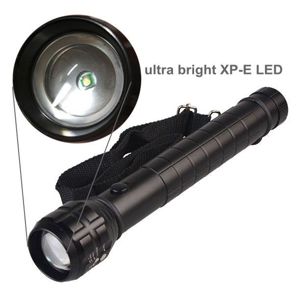 Matt Black Heavy Duty Big Torch Light XP-E Q5 LED D Size Battery Metal Aluminum Zoom Linterna Flashlight with Strap