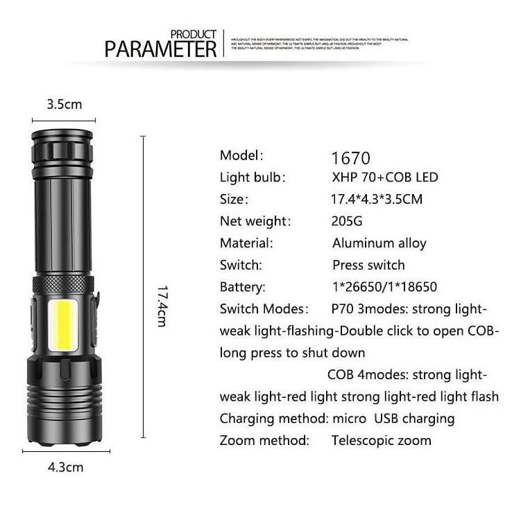 Waterproof Bright Camping Light USB Rechargeable Battery Zoom Aluminum Alloy Tactical Torch XHP70 LED COB Flashlight