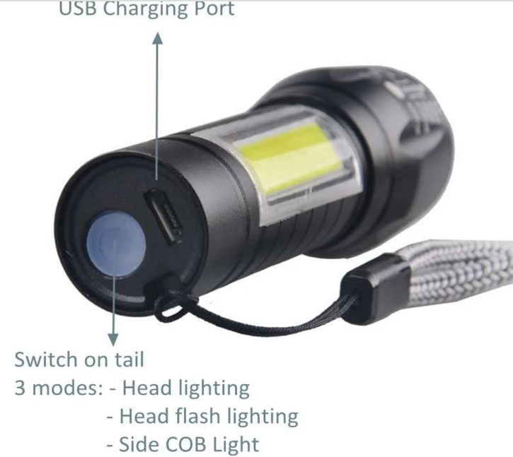 Micro USB LED Flashlight Promotion Mini Zoomable LED Torch LED Flashlight with COB Side Light