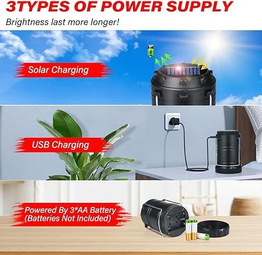 Solar Camping Lantern Rechargeable LED Lights With Magnetic Base Foldable Hanging Hook Collapsible Lamp Battery Powered